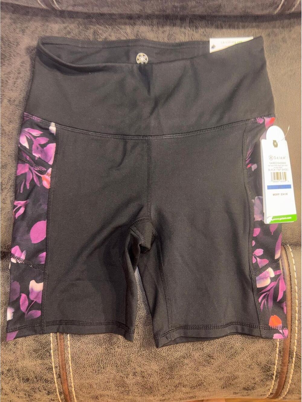 Gaiam OM Fit High Rise Bike Shorts XS Black Floral Yoga Athletic Workout NWT